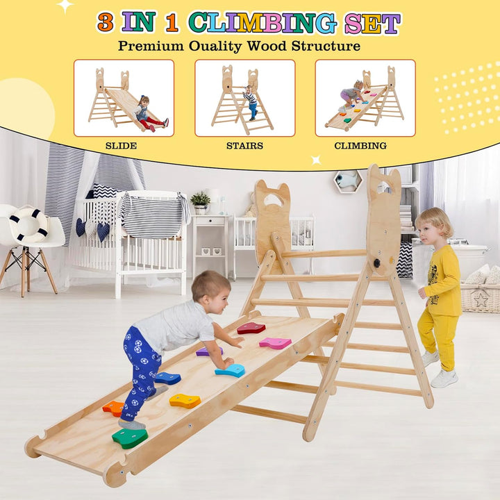 Kletterdreieck mit Rutsche,Faltbares Holz klettergerüst Indoor Set,Kleinkind Holzkletter Dreieck mit