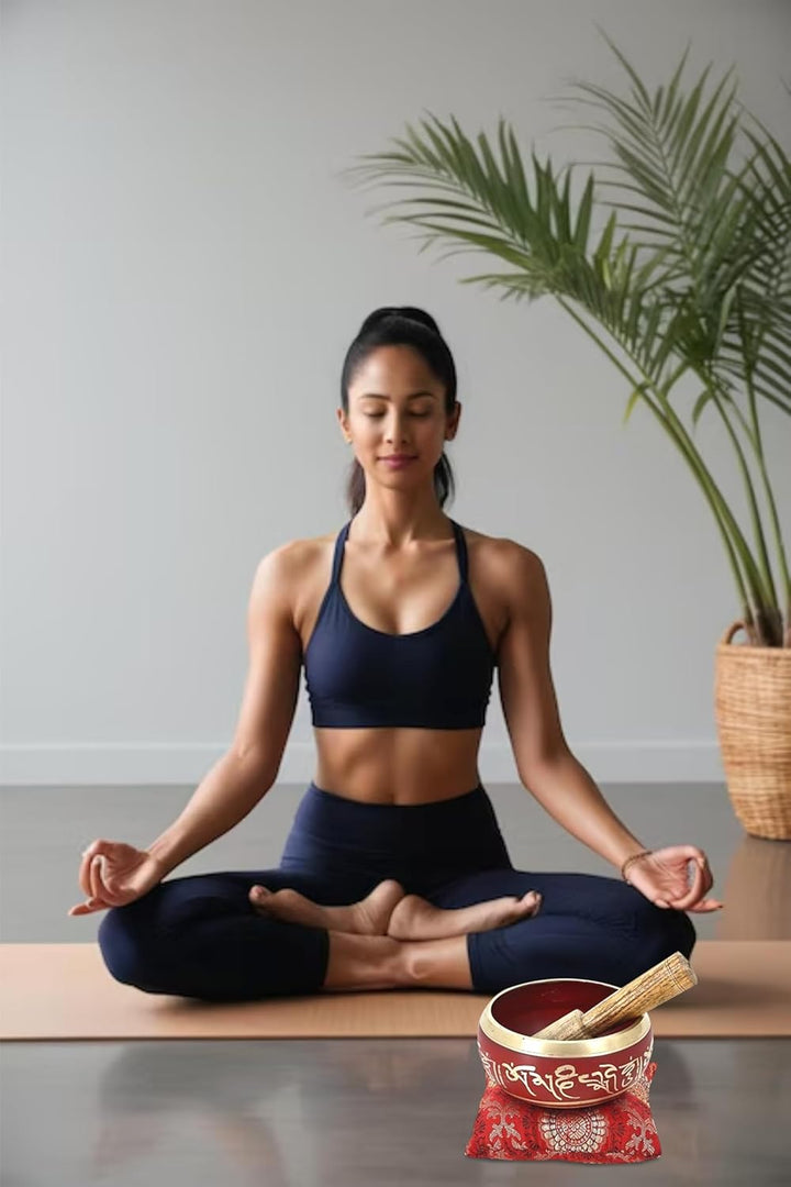 Ajuny Tibetische Klangschale Set Handgefertigte Messing-Schale In Rot mit Stock &amp; Kissen Meditation
