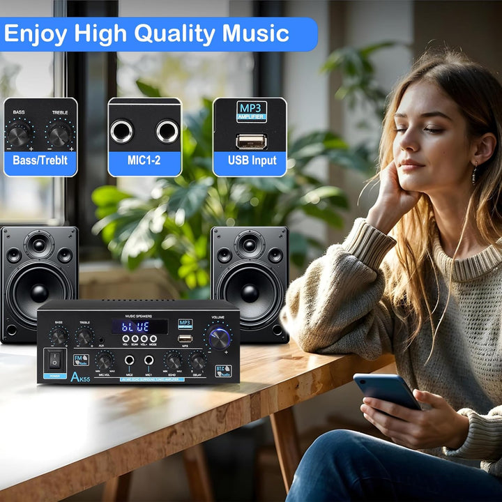 AK55 HiFi Verstärker mit Bluetooth 5.0,Max 600W,Mini Verstärker HiFi Stereo,2 Kanal Audio Verstärker