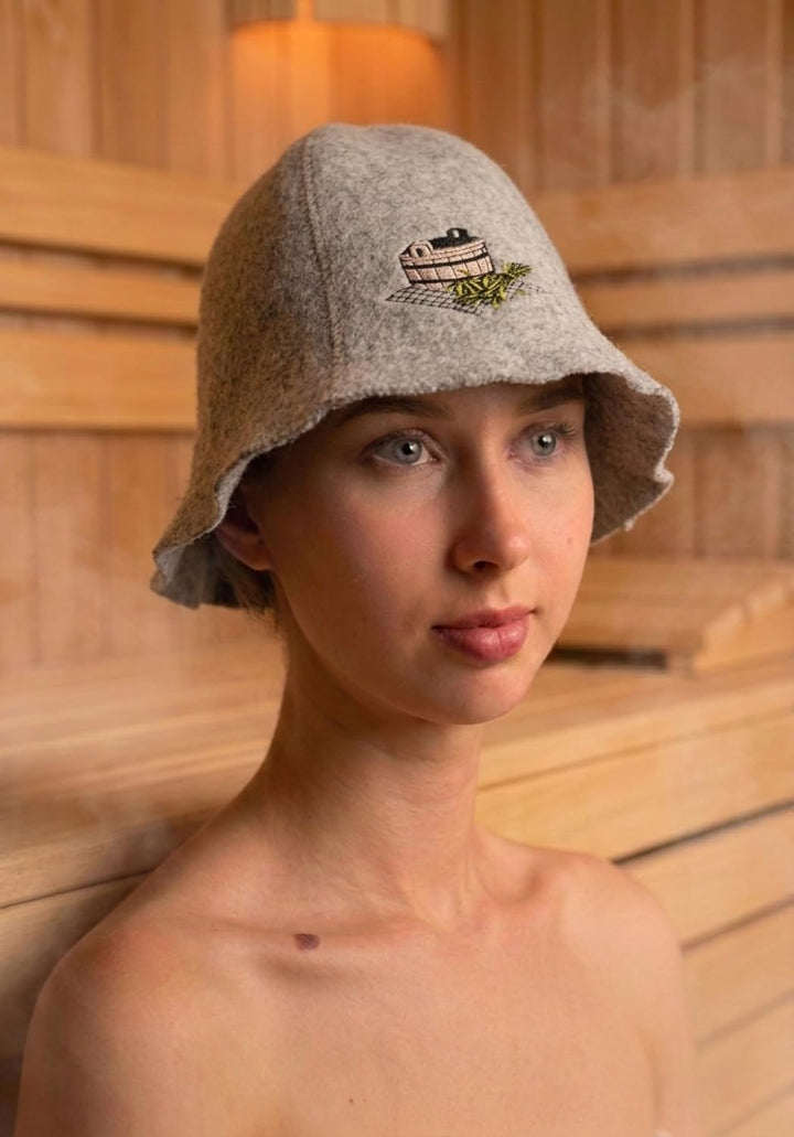 Ger3as Saunahut Wolle mit Stickerei für Damen und Herren, Wellness Mütze Premium Qualität Bad Saunak