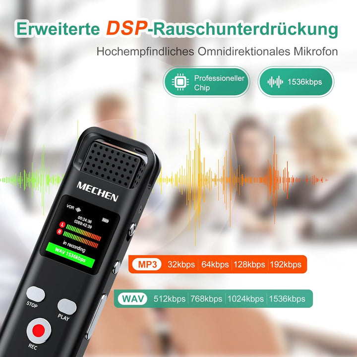 MECHEN V02 Diktiergerät 128GB, 1536kbps Digitales Aufnahmegerät mit One-Touch Aufnahme & Rauschunter