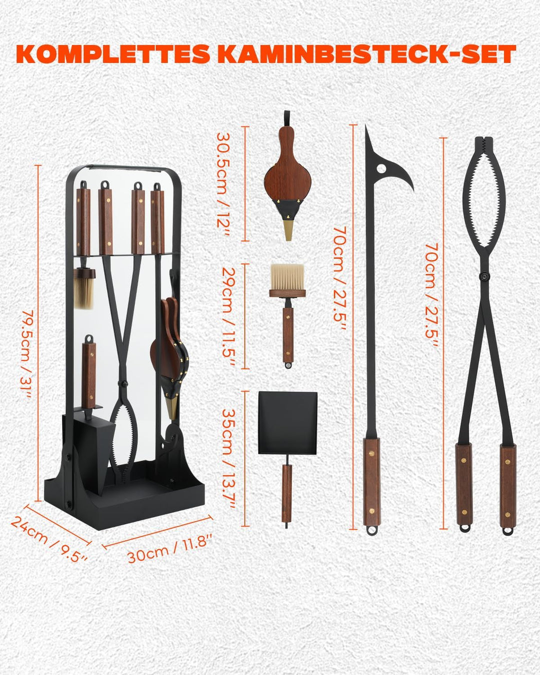 Onlyfire 79.5cm Hochwertige Kaminbesteck Set, 6-teilig Modernes Kamin Set | Hitzebeständige Kamingar