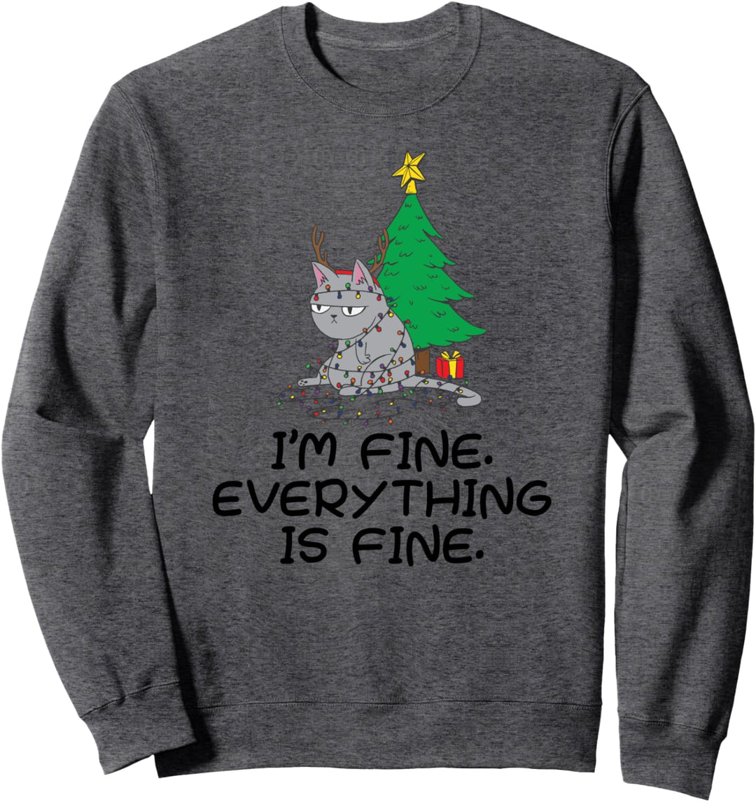 Lustige Katze Weihnachtsbeleuchtung I'm Fine Everything Is Fine ugly Sweatshirt