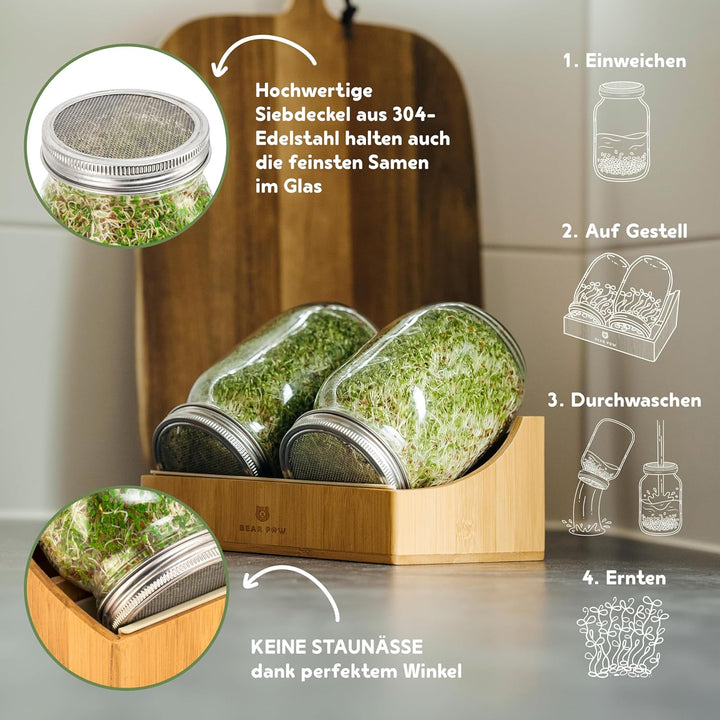 BEAR PAW® Sprossenglas 2er Set - 1000ml Keimglas für Sprossen Keimlinge - (inkl. Bambushalterung, Ab