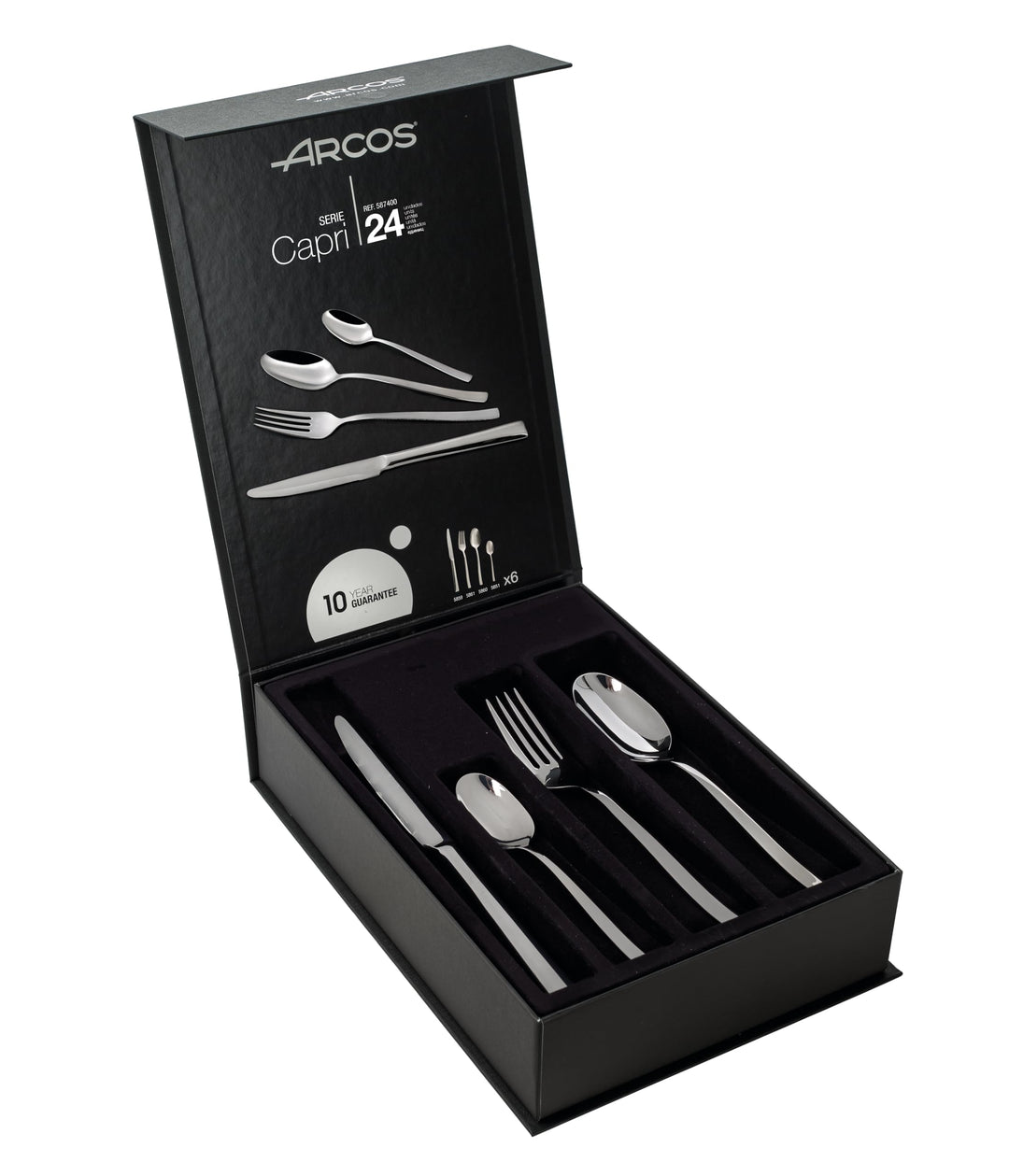 Arcos Serie Capri - Geschenkbox Besteck-Set 24 Stück (6 Messer + 12 Löffel + 6 Gabel) - Monoblock au