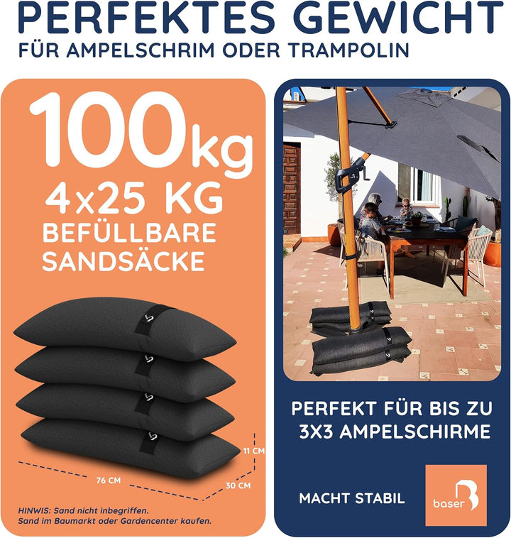 BASER - Gerade auffüllbare Sandsäcke, 4 x 25 KG, auffüllbare Gewichte für Ampelschirme, Sonnenschirm