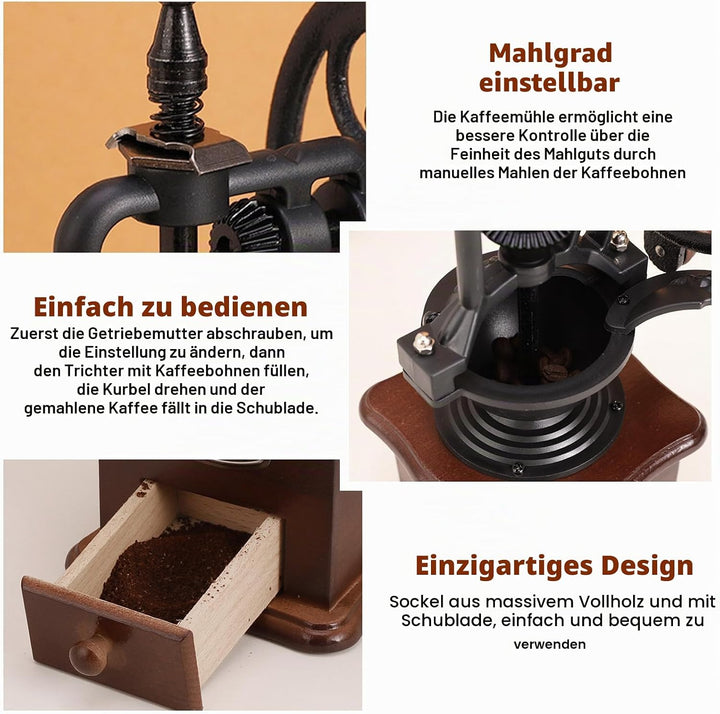 Manuelle Kaffeemühle, Vintage-Stil Hölzerne Handkaffeemühle, Tragbare Handmühle Mit Einstellungen &