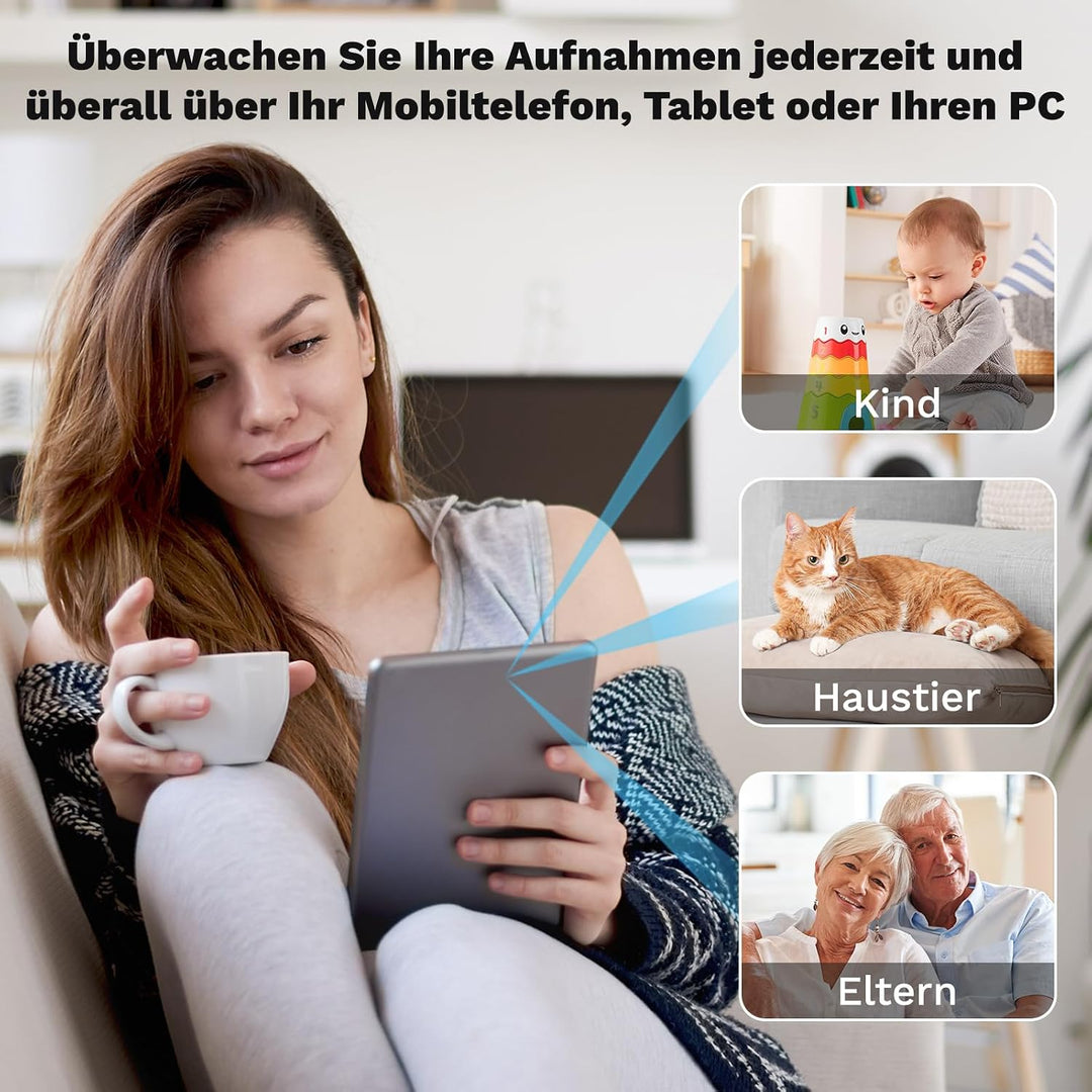 Mini Kamera, 2,4/5GHz WLAN-Überwachungskamera Innen, Bewegungsmelder,Nachtsicht SD/Cloud-Speicher/La