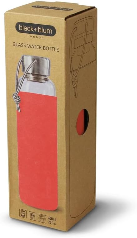 Black+Blum Wasserflasche Glas | Koralle | 600 ml | Edelstahldeckel mit Trageschlaufe | Silikonschutz