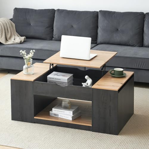 Merax Höhenverstellbarer Couchtisch mit Holzmaserung, Grauer Korpus &amp; Geheime Stauräume, 109cm Kaffe