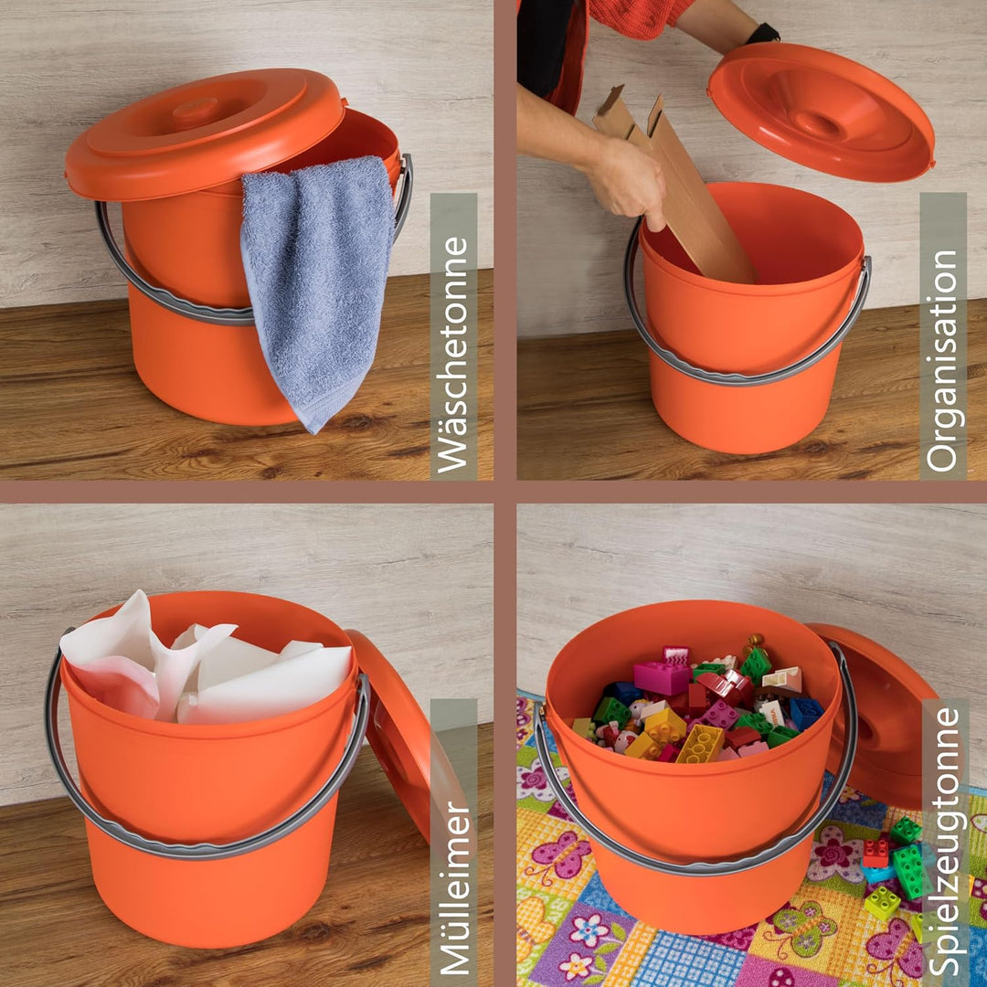 #11 Mülleimer 15 Liter mit verschliessbarem Deckel und Henkel - Orange - 30cm hoch - Ø27cm Abfallsam