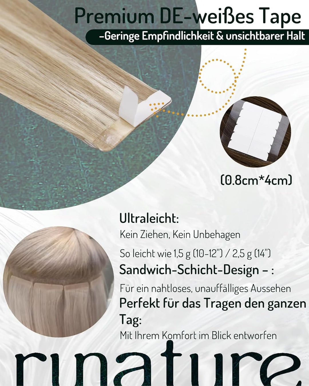 RUNATURE Tape in Extensions Echthaar Braun Blond 30cm Tape Extensions Echthaar 20 Stück Unsichtbare