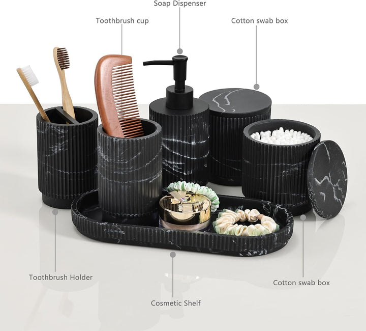 Badezimmer Set 6-TLG | Seifenspender + Zahnputzbecher mit Tablett & Wattestäbchenbox | Design Streif
