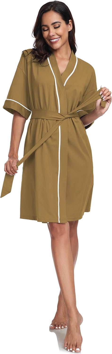 COLORFULLEAF 100% Baumwolle Bademantel Damen Kurz Morgenmantel Leicht Knielang Kimono Saunamantel Na