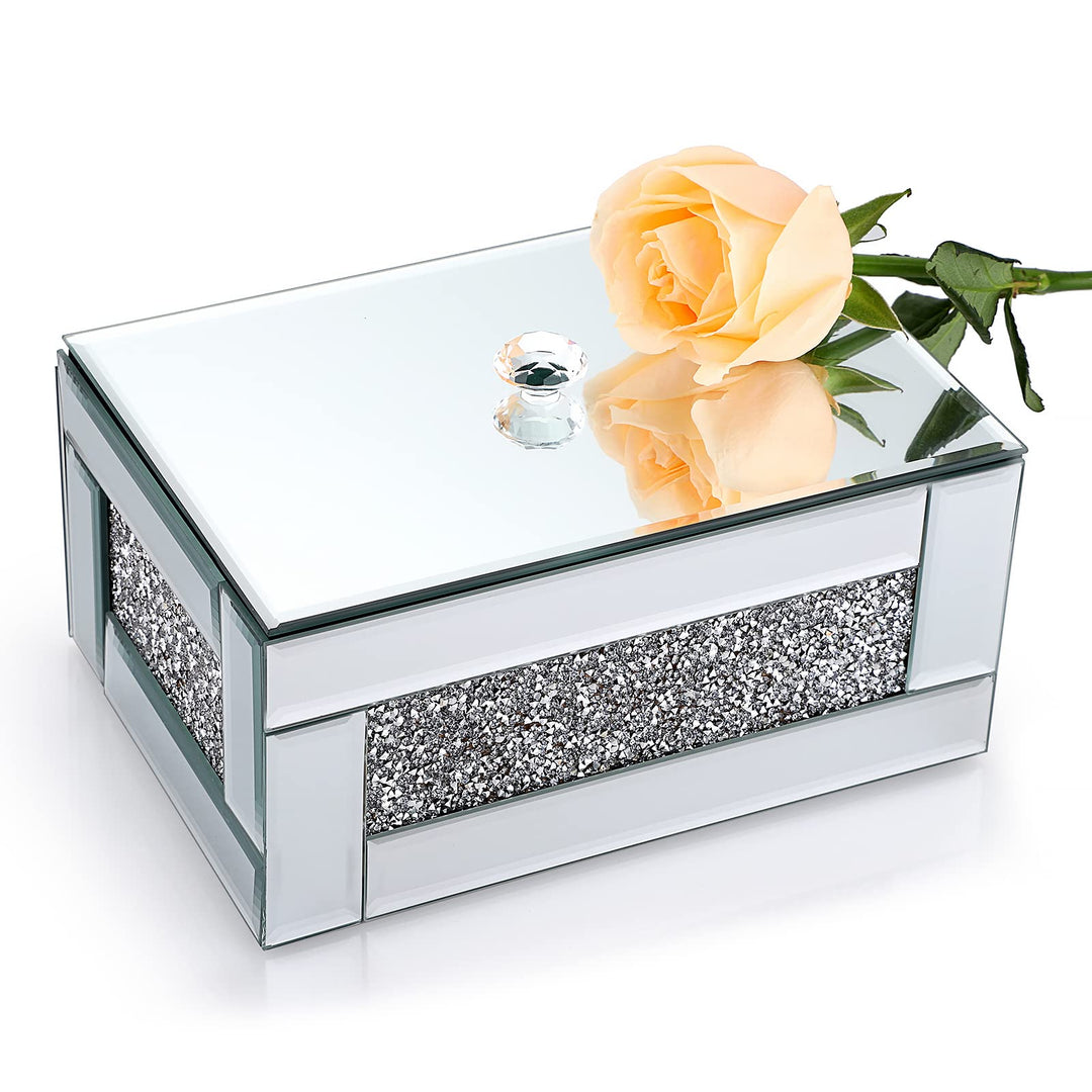BTSKY Verspiegelte Glas-Schmuckschatulle zum Dekorieren mit zerkleinerten Diamanten, Schmuck-Organiz