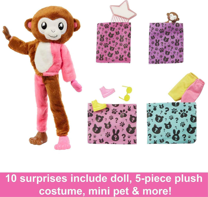 Barbie Cutie Reveal, bewegliche Affenzubehör, 10 Überraschungen, Haustier, wechselnde Farben, inkl.