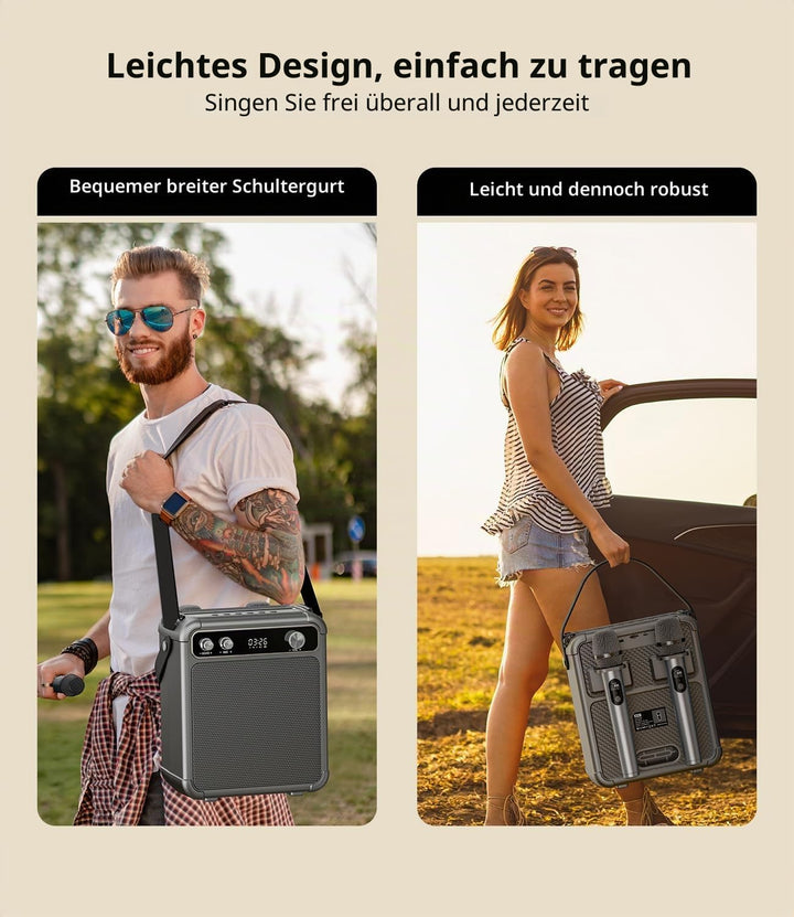 Karaoke Maschine mit 2 Mikrofonen, tragbarer Bluetooth Karaoke System mit LED Lichtern, Stereo TWS,