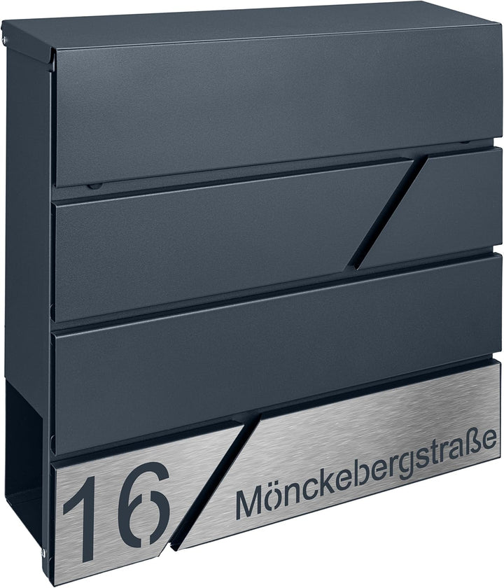 Briefkasten mit Zeitungsfach in Anthrazit, Edelstahlbriefkasten, Wandbriefkasten Briefkasten mit Sch