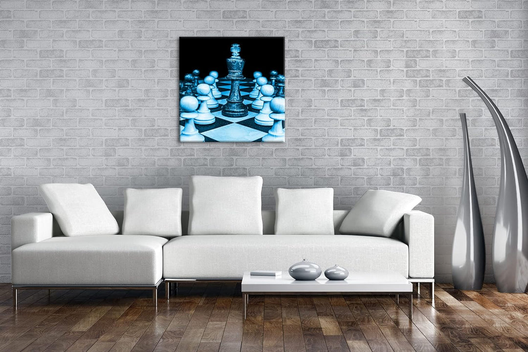 edle Holz Schachfiguren Format: 70x70 Effekt: Monocrome Blau als Leinwandbild, Motiv fertig gerahmt