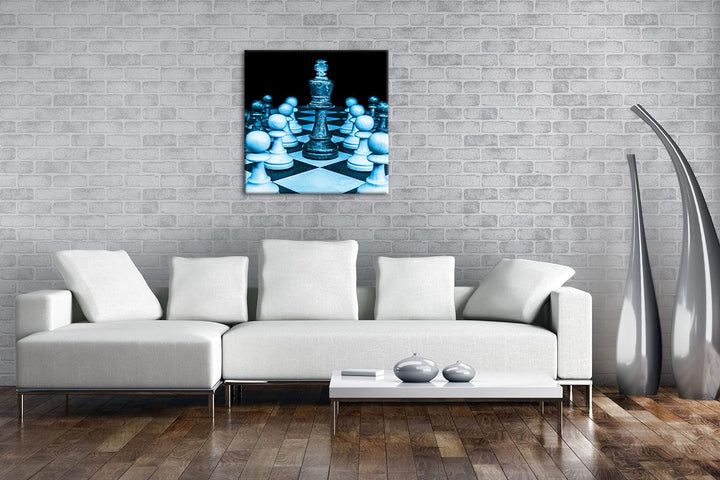 edle Holz Schachfiguren Format: 70x70 Effekt: Monocrome Blau als Leinwandbild, Motiv fertig gerahmt