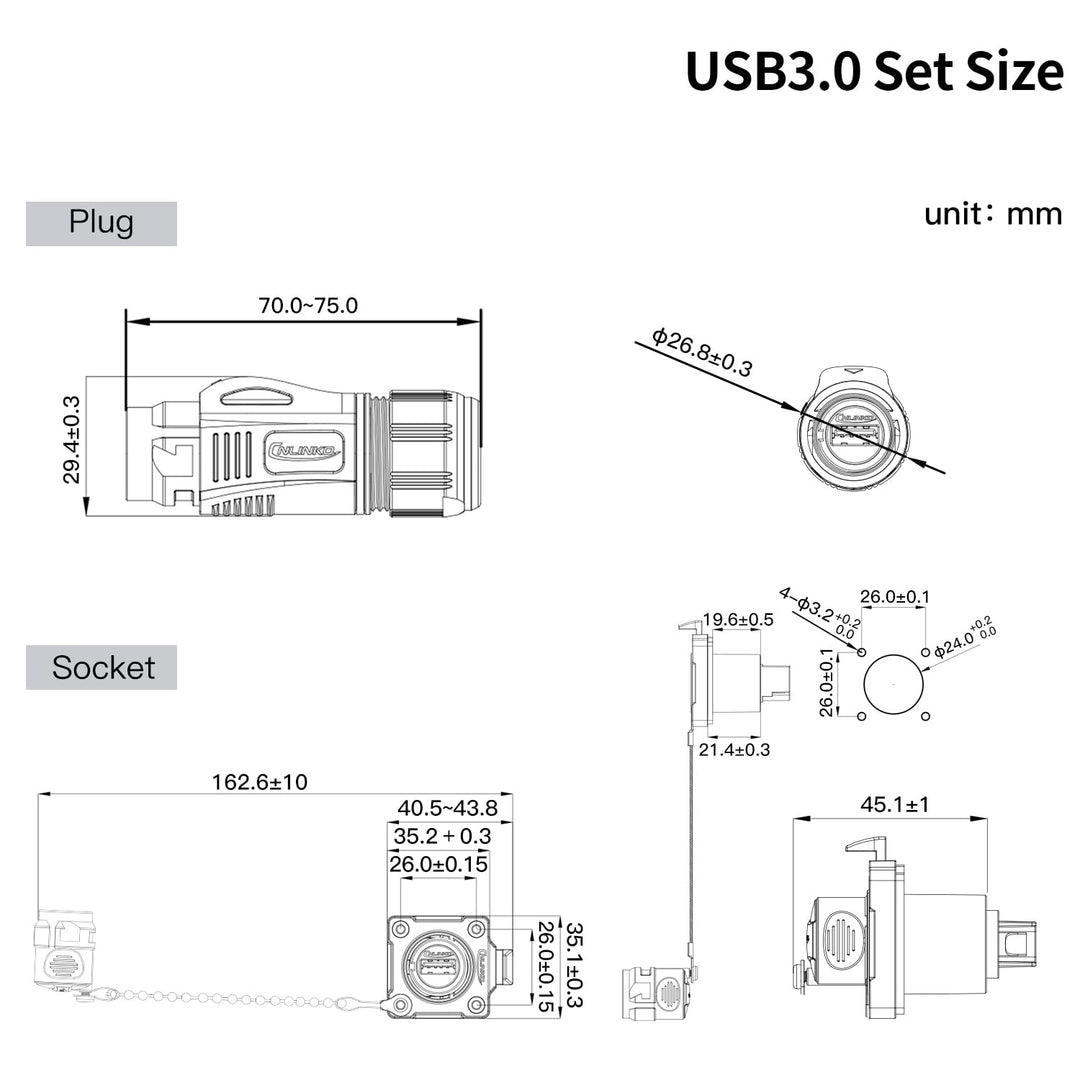 CNLINKO BD-24 USB 3.0 Wasserdichter Stecker, Stecker mit 20 zoll Kabel | Typ A Buchse aus Metall, Ei