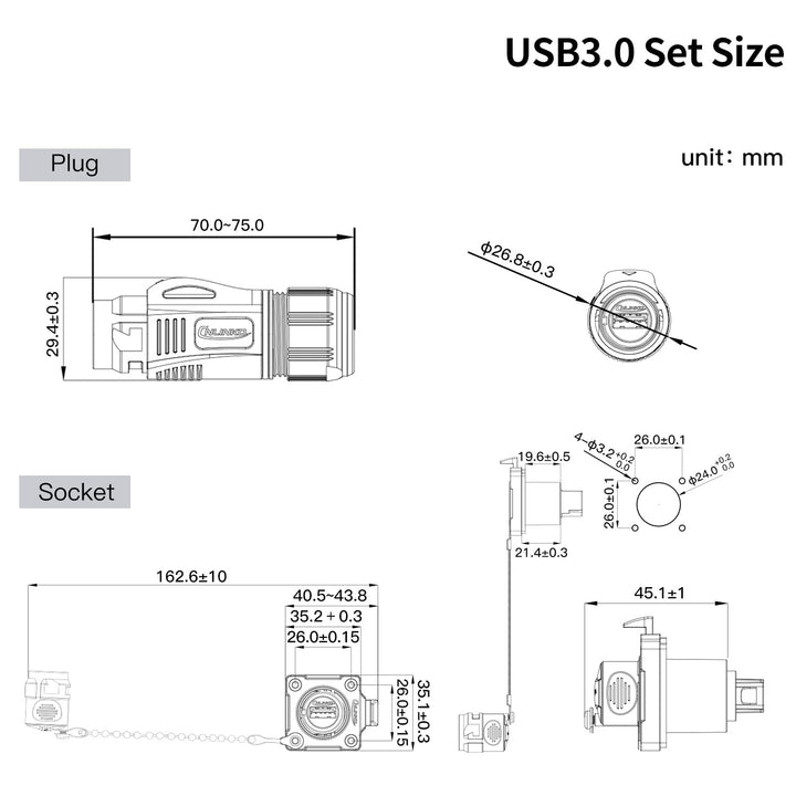 CNLINKO BD-24 USB 3.0 Wasserdichter Stecker, Stecker mit 20 zoll Kabel | Typ A Buchse aus Metall, Ei