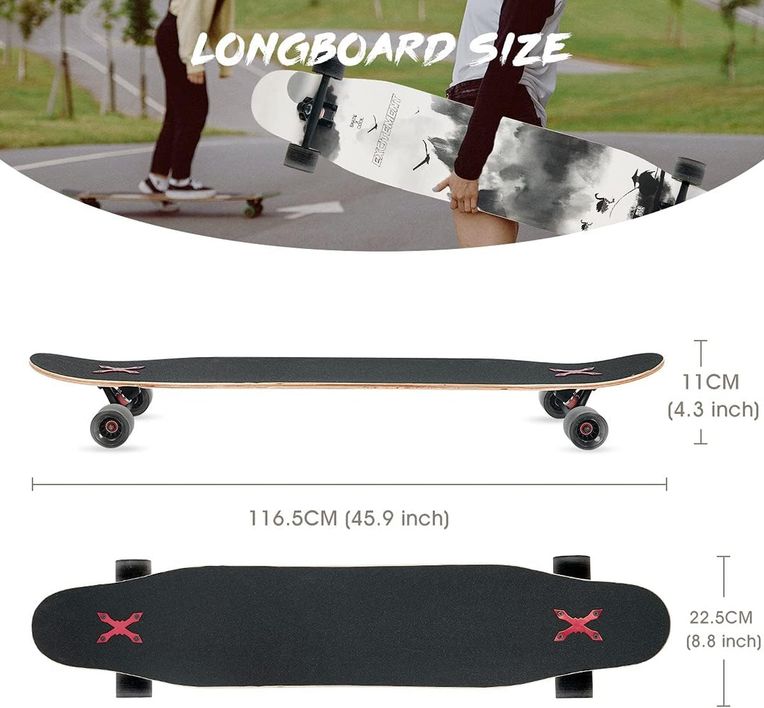 Opurtdor Longboard 118CM Pro Skateboard, Cruiser Trick Skateboard, Komplettes 8 Etagen Ahornholz, Sc