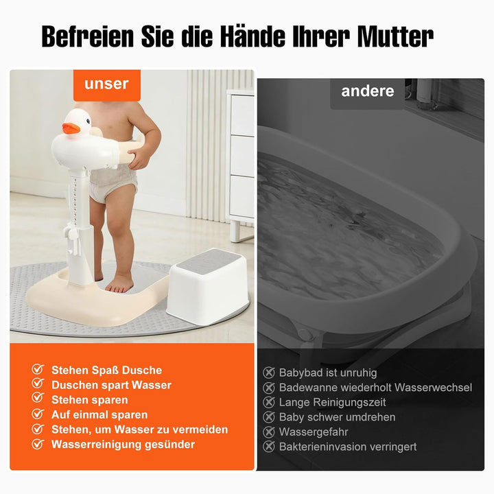 Baby Dusche Ständer, Einstellbarer Badewannenständer mit Duschsitz &amp; AntiRutsch-Basis, Tragbarer Bab