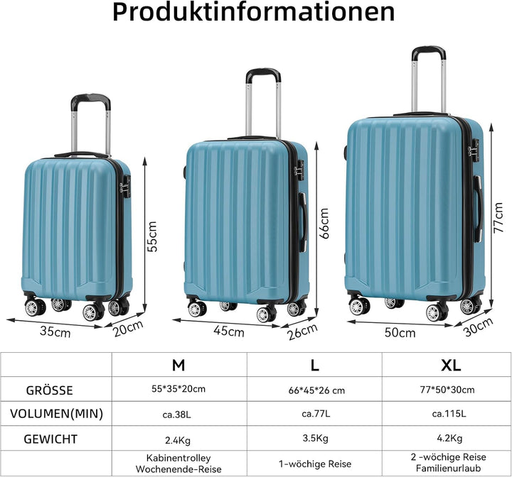 BEIBYE TSA-Schloss 2080 Zwillingsrollen 3 TLG. Reisekofferset Koffer Kofferset Trolley Trolleys Hart