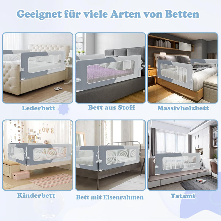 UISEBRT Bettgitter 200cm Bettschutzgitter Klappbar für Kleinkinder, Rausfallschutz Höhenverstellbar