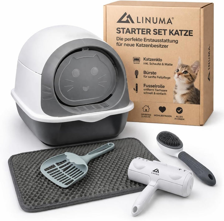 Starter Set Erstausstattung Katze 5-teilig – Katzenklo Grau inkl. Streuschaufel & Matte + Katzenbürs