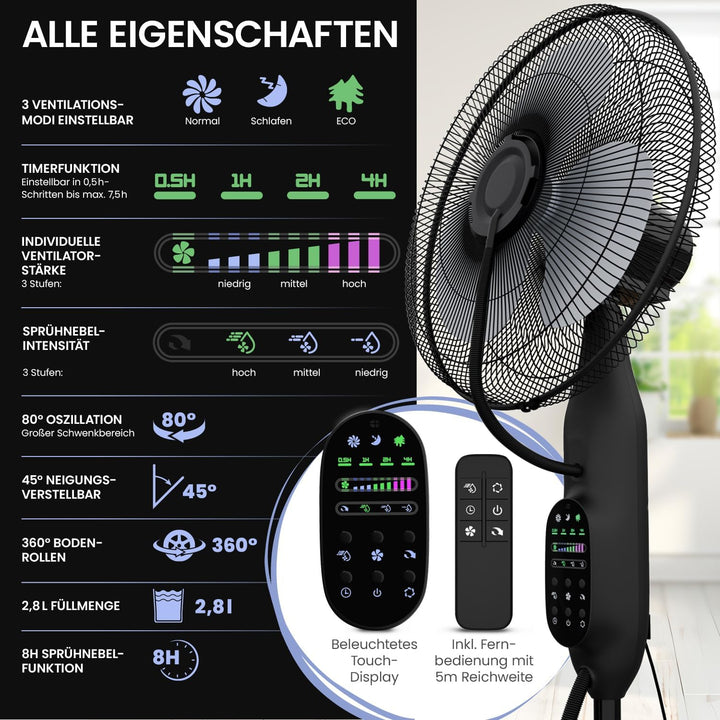 aktimeo NEU Ventilator mit Wasserkühlung, Standventilator sehr leise mit Fernbedienung, Luftkühler m