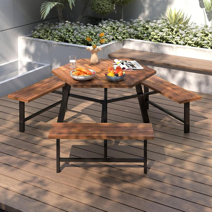 COSTWAY Picknicktisch Set für 6 Personen, Gartentisch aus Akazienholz mit Schirmloch &amp; 3 Bänken, Ter