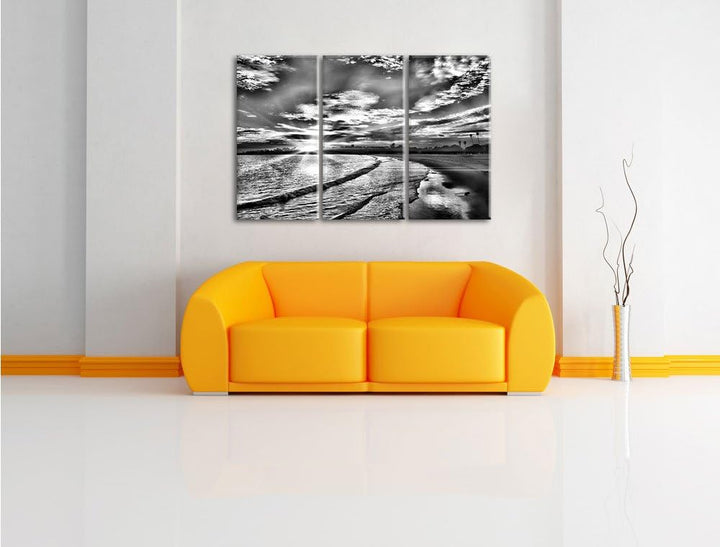 Pixxprint Monocrome, Los Angeles Beach 3-Teiler Leinwandbild 120x80 Bild auf Leinwand