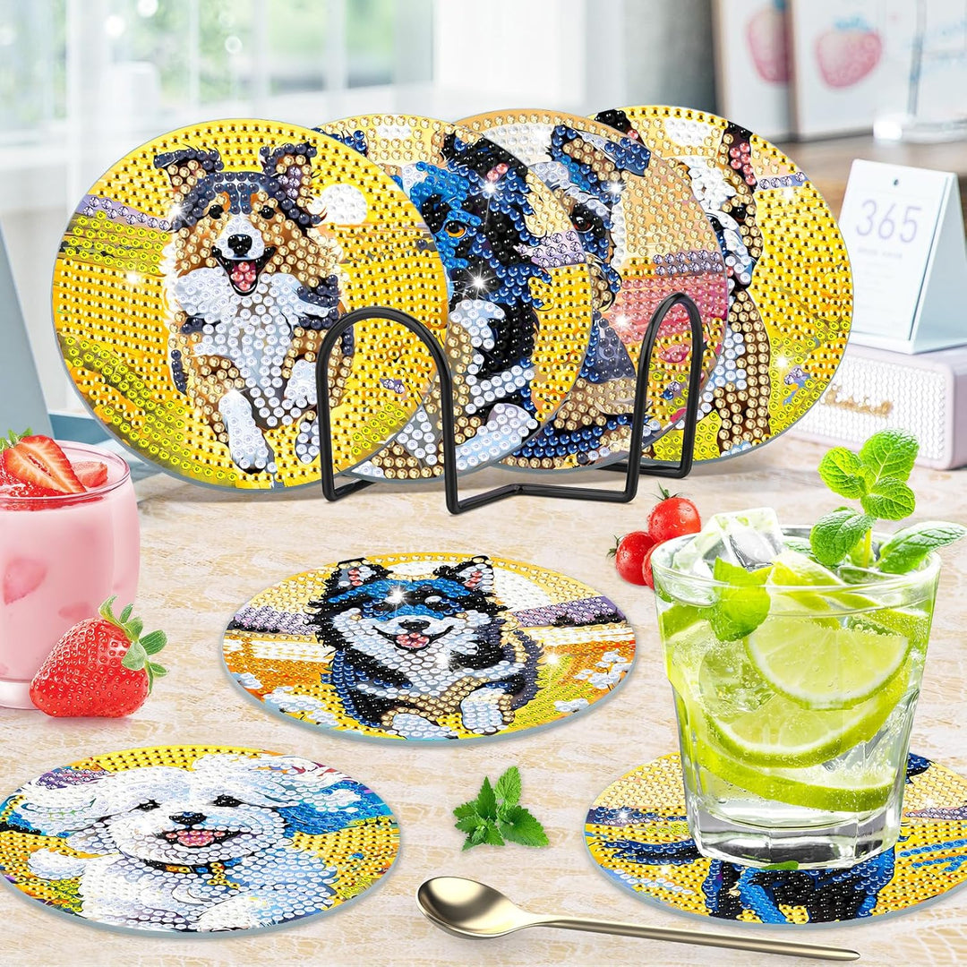 8 STK Diamond Painting Untersetzer Hund mit Halter, Diamond Painting Hund, Diamant Painting Bilder E