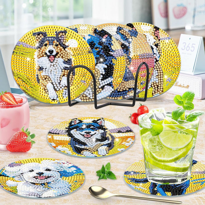 8 STK Diamond Painting Untersetzer Hund mit Halter, Diamond Painting Hund, Diamant Painting Bilder E