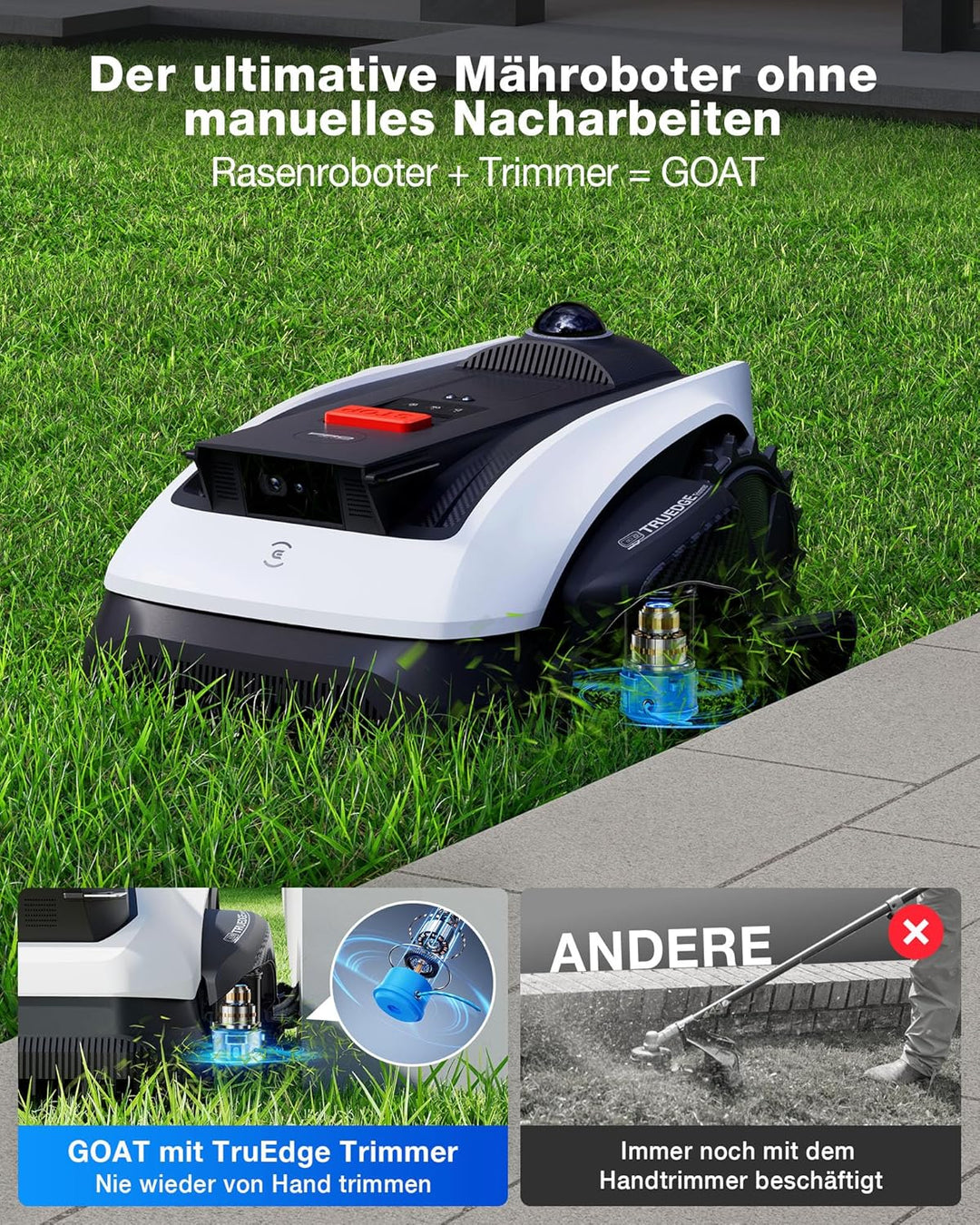 ECOVACS Goat O1200 LiDAR PRO Mähroboter ohne Begrenzungskabel, 1.200 m², 360° Dual-LiDAR-Navigation,
