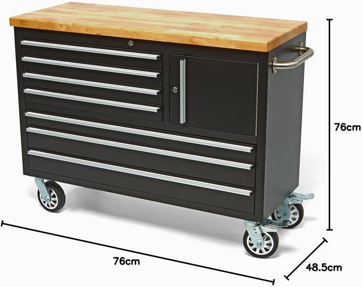 HBM Mobiler Werkzeugwagen mit Holzarbeitsplatte - 122 cm - Schwarz