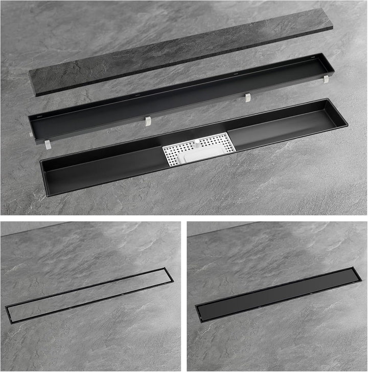 Duschrinne schwarz 40cm Edelstahl Bodenablauf 2-in-1 doppelseitig, Flieseneinsatz Ablaufrinne,schnel
