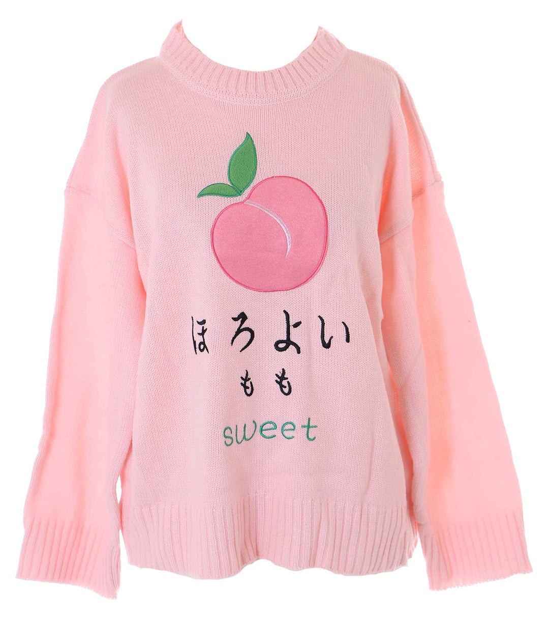 Kawaii-Story TS-317 Rosa Pfirsich Japan Schriftzeichen Stickerei Strick Pullover Pastel
