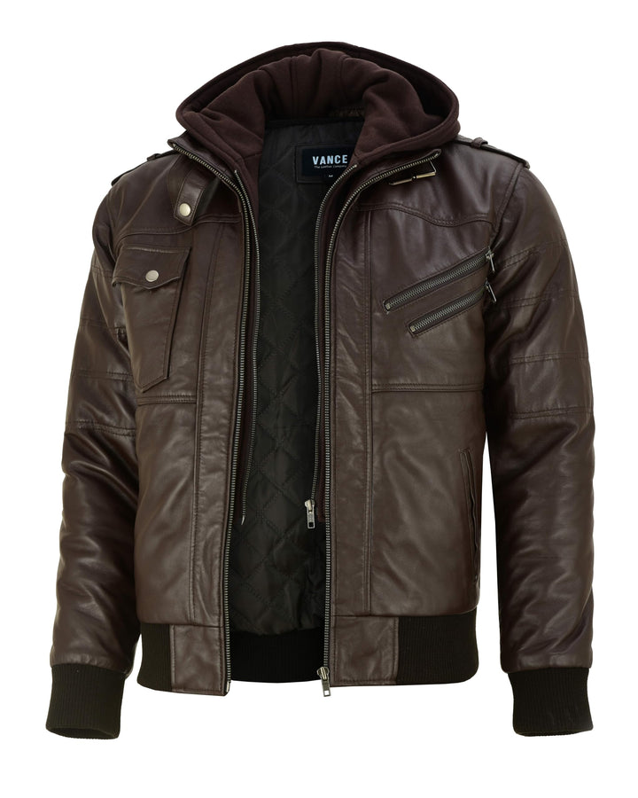 Vance Herren Echt Lederjacke aus 100% Lammleder Abnehmbarer Hoodie M Dunkelbraun, M Dunkelbraun