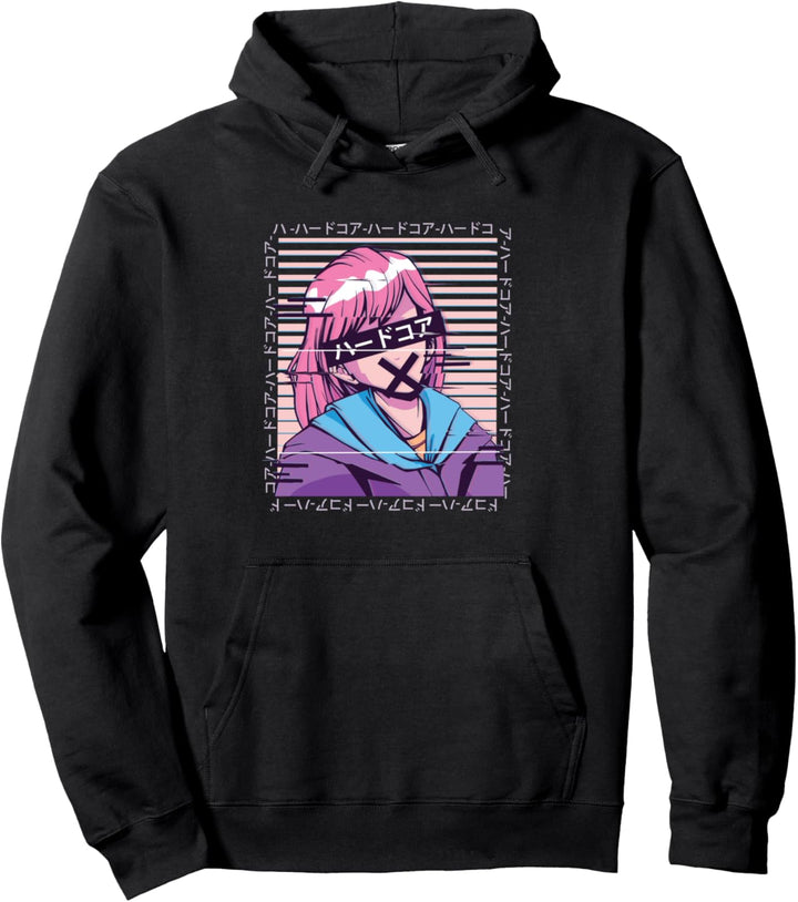Anime Glitch Grafik mit Japanischen Zeichen l Anime Mädchen Pullover Hoodie