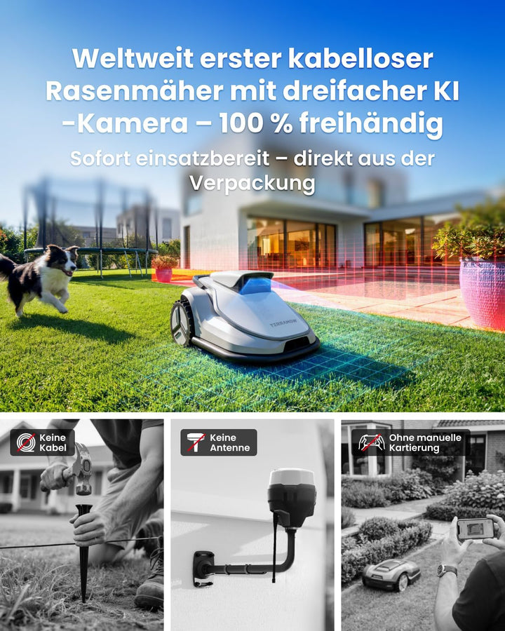 TerraMow V600 Mähroboter ohne Begrenzungskabel mit Garage, Tri-AI Vision-Technologie ohne Kabel-/RTK
