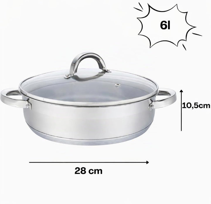 Flach Topf mit Deckel in vielen Grössen Kochtopf Töpfe Induktion Edelstahl (6L/∅28cm), 6L/&amp;