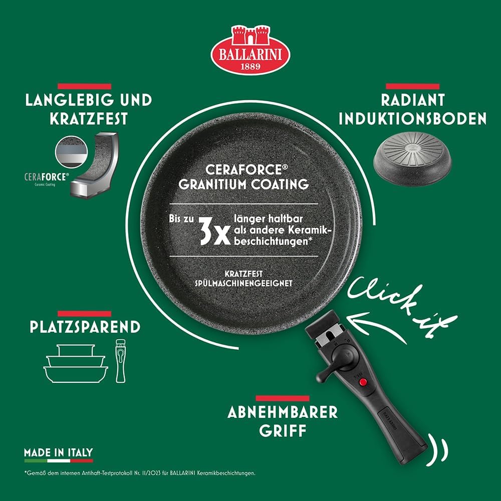 BALLARINI Torre Bratpfannen-Set, Keramikbeschichtung, 24 + 28 cm, Induktionsgeeignet, Abnehmbarer Gr