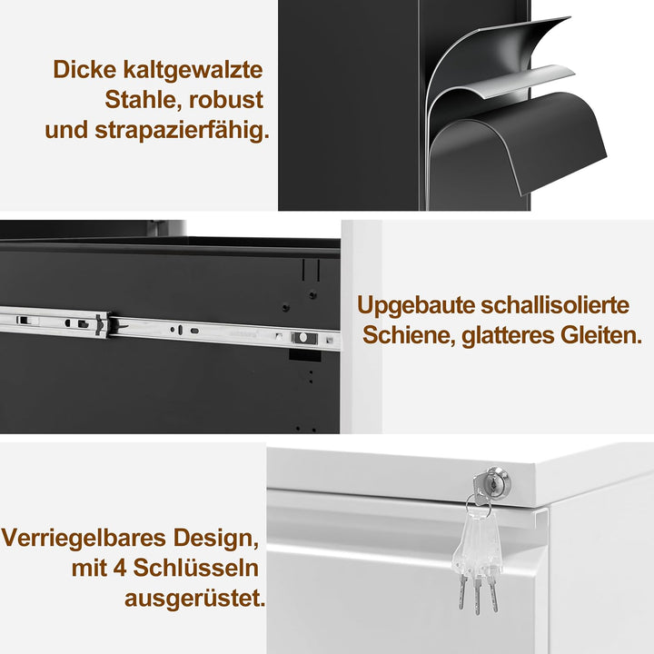 Rollcontainer, Aktenschrank Abschliessbar mit 4 Schlüsseln, Aktenschrank unter Schreibtisch, mit 3 S