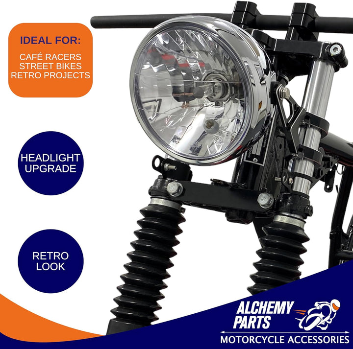 Alchemy Parts Chrom Motorrad Scheinwerfer 6.5 inch Durchmesser 12V 35W E-Geprüft