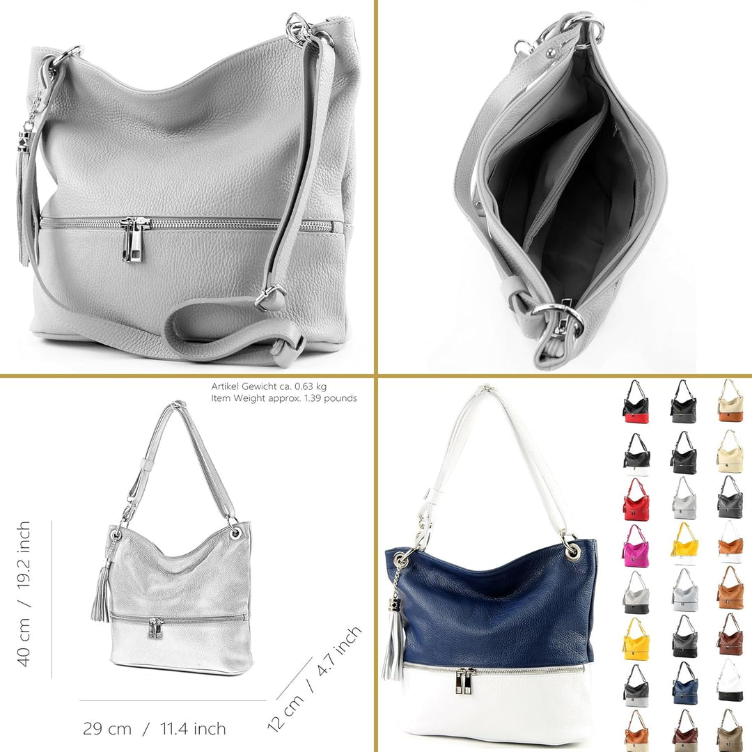 modamoda de - T143 - ital. Leder Schultertasche Umhängetasche Weiss/Camel, Weiss/Camel