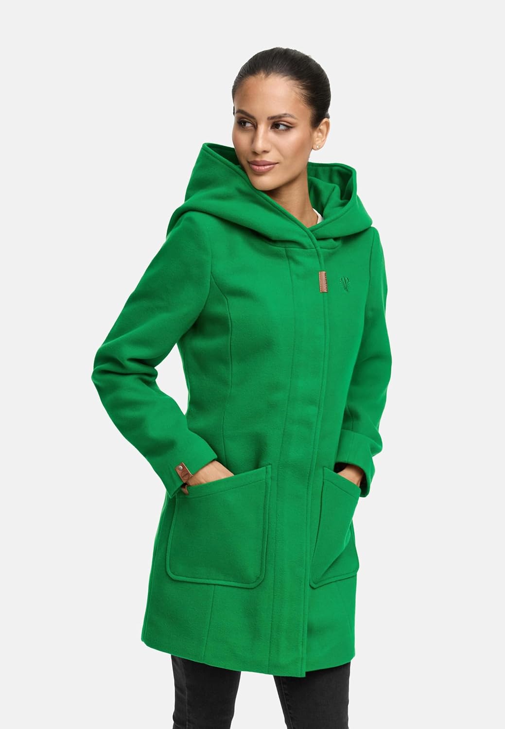 MARIKOO Damen Mantel in Wollmantel-Optik Warmer Trenchcoat mit Kapuze Maikoo XS-5XL S Smaragd Green,
