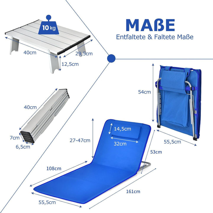 COSTWAY 2er Set Strandmatte mit Beistelltisch, Kopfkissen & Staufach, Liegematte mit Verstellbarer R